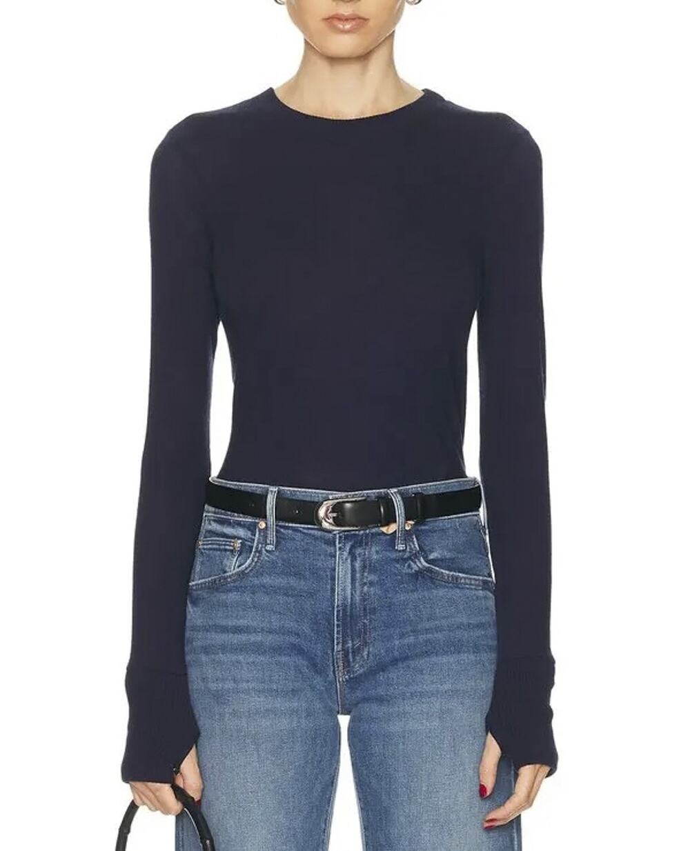 Enza Costa Cashmere Easy Cuff Top Small Crew Neck Long Sleeve Thumbhole Midnight